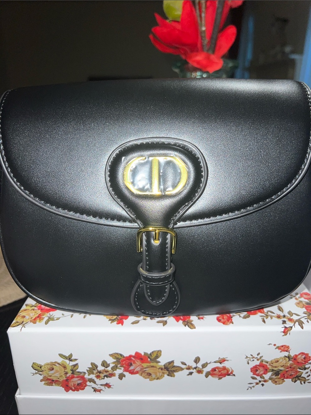 Women's Black Leather Bag with Gold Hardware